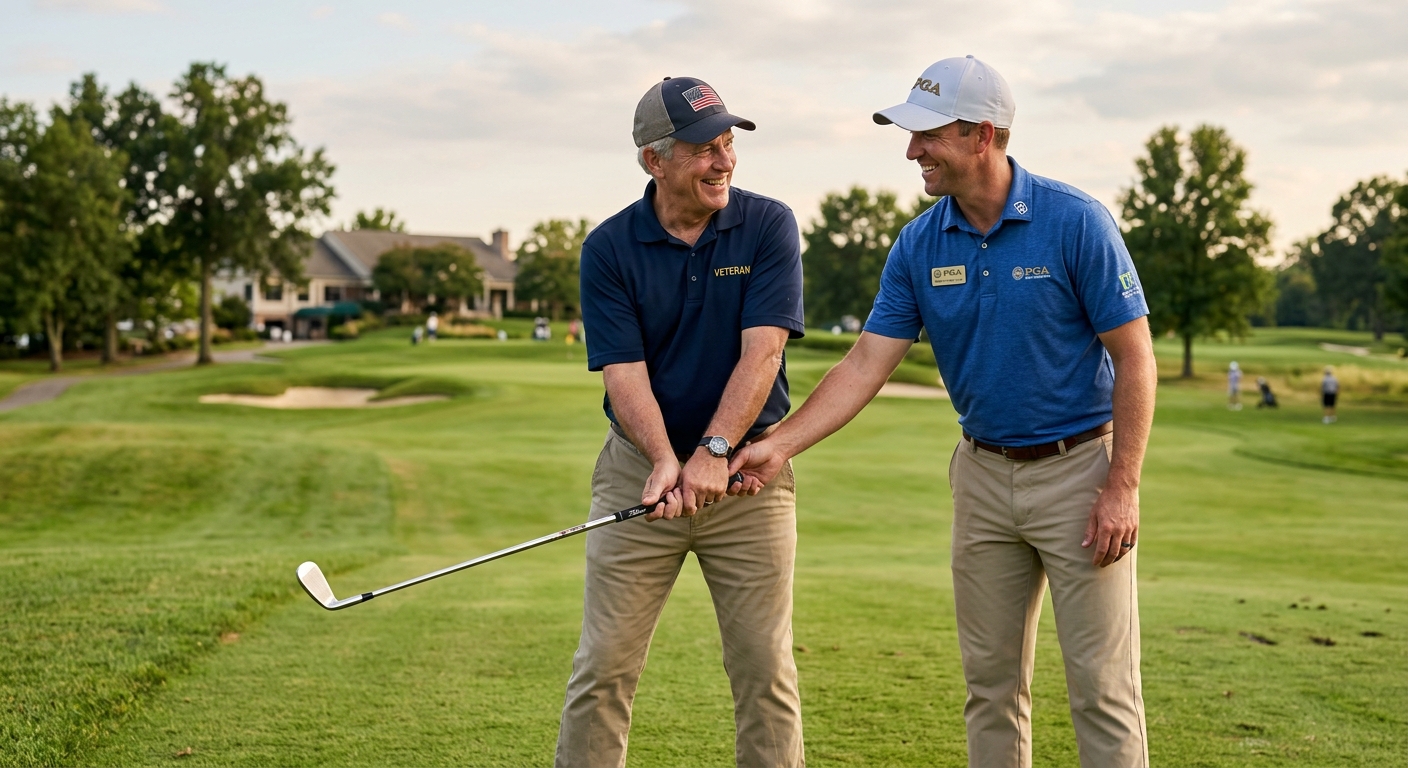 A veteran receiving golf instruction through PGA HOPE